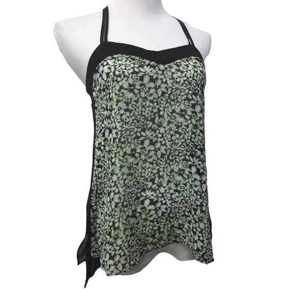 BCBGeneration Top Juniors XXS Black Green Floral Sheer Cross Back - Picture 2 of 8